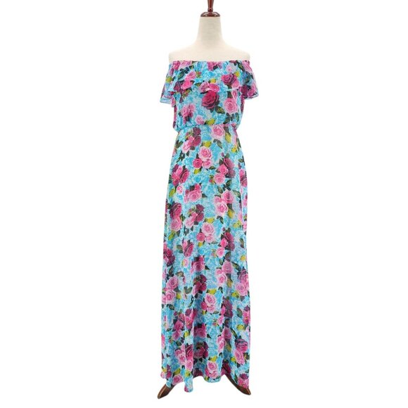Betsey Johnson Womens 4 Dress Malibu Blue Floral Off The Shoulder Maxi Roses - Picture 1 of 9